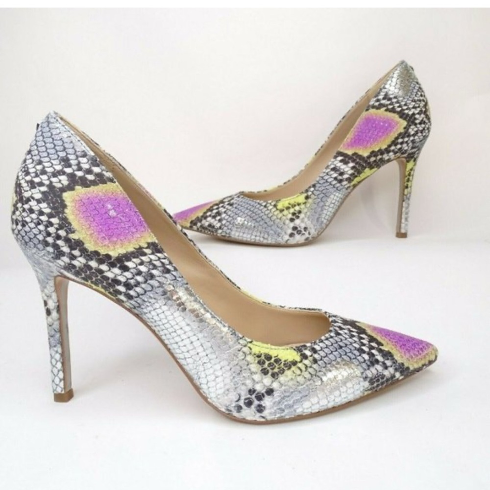 Sam Edelman pointy Toe Vibrant Snake Print Heels in Gray, Lilac and Yellow. Sz 7 - Picture 4 of 10
